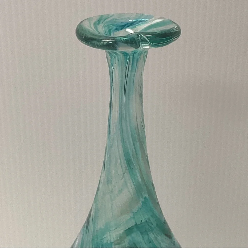 LC ROFF Vase Hand Blown Glass Teardrop Signed Swirls 9” Tall Aqua